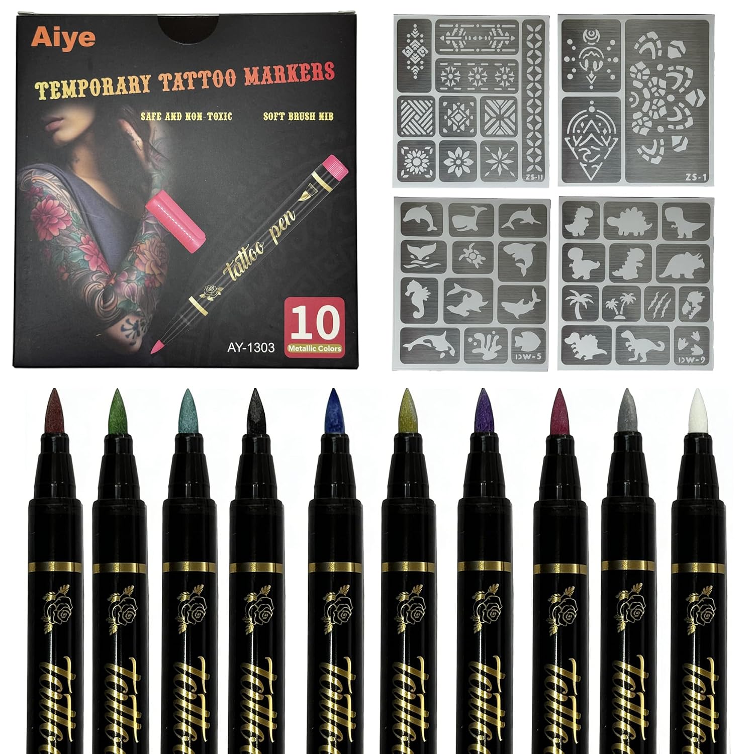 10 Colors Metallic Body Paint Markers , Temporary Tattoo Markers With 4 Stencil Sheets, Waterproof Quick Dry Washable Skin Safe Face Paint Pens, For Halloween, Easter, Christmas & Festivals
