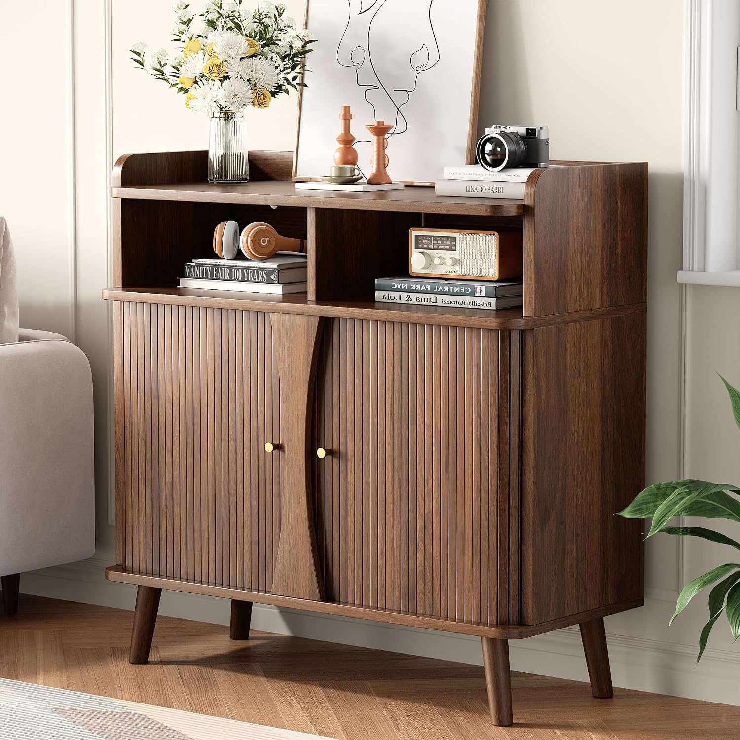 Decofy 39" Buffet Sideboard Cabinet, Mid Century Modern Console Cabinet With Roller Shutter Sliding Doors & Adjustable Shelves For Kitchen Cabinets, Living Room, Entryway, Coffee Bar Cabinet (Walnut)