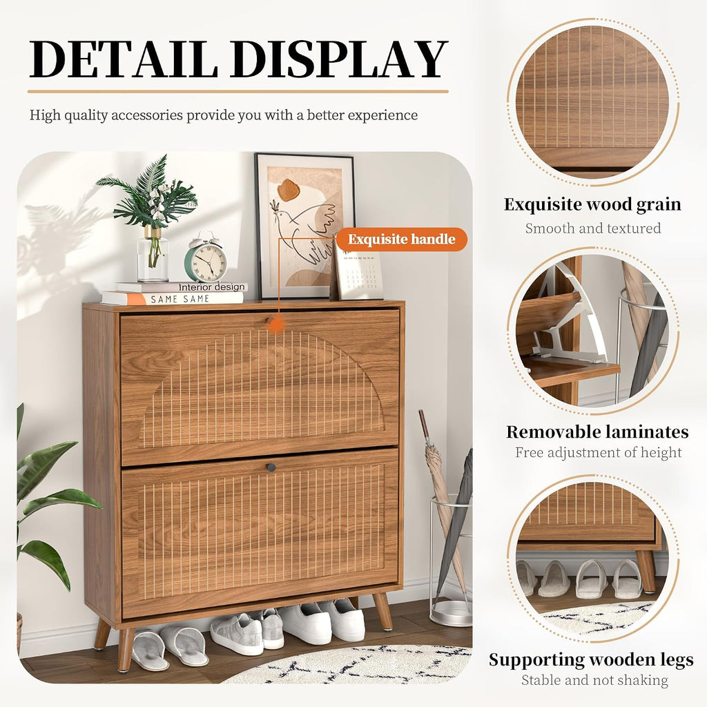 Fsbecl Shoe Storage Cabinet For Entryway With 2 Flip Drawers, Narrow Wood Shoe Cabinet With Fluted Panel, Freestanding Hidden Shoe Organizer For Foyer, Hallway (Walnut)