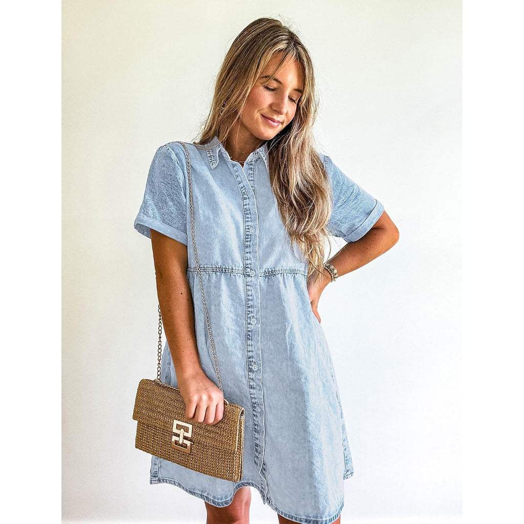 Grapent Denim Dress For Women Babydoll Tiered Short Sleeve Button Down Jean Shirt Dresses