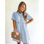 Grapent Denim Dress For Women Babydoll Tiered Short Sleeve Button Down Jean Shirt Dresses
