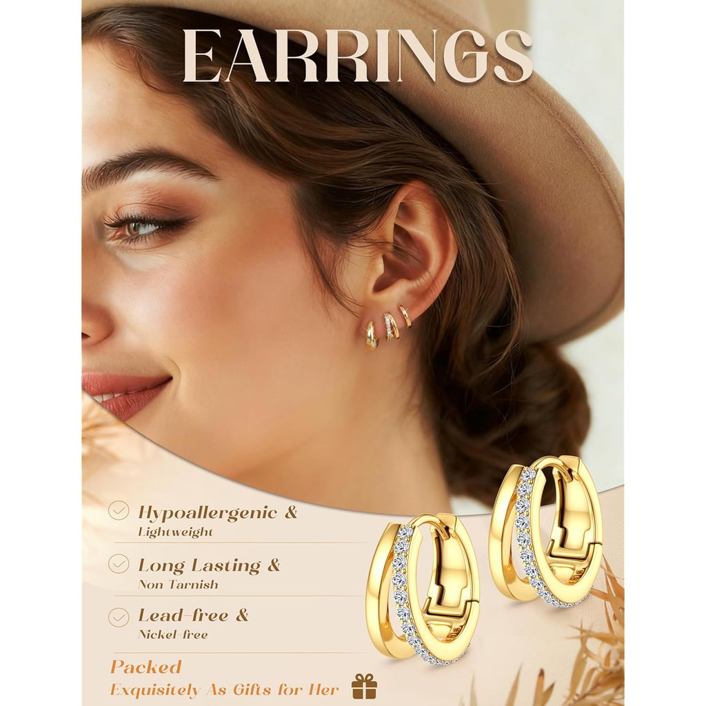 MILACOLATO 3 Pairs Small 14K Gold Plated Hoop Earrings for Women Trendy Hypoallergenic Silver Earring Stacks Huggie Hoops Earring Sets for Multiple Piercing Chunky Double Hoop Jewelry Lightweight