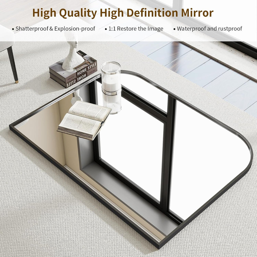 Black Arched Top Wall Mounted Mirror - 38 X 30 Inch Round Cruved Top Bathroom Vanity Mirror, Aluminum Metal Framed, Home Decor For Living Room, Bedroom, Fireplace, Mantle, Entryway