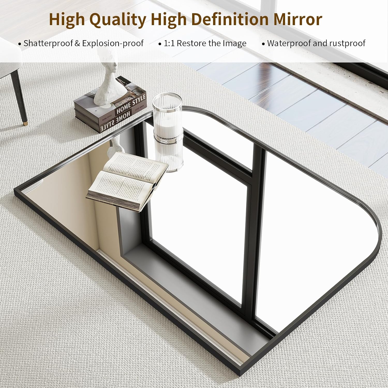 Black Arched Top Wall Mounted Mirror - 38 X 30 Inch Round Cruved Top Bathroom Vanity Mirror, Aluminum Metal Framed, Home Decor For Living Room, Bedroom, Fireplace, Mantle, Entryway