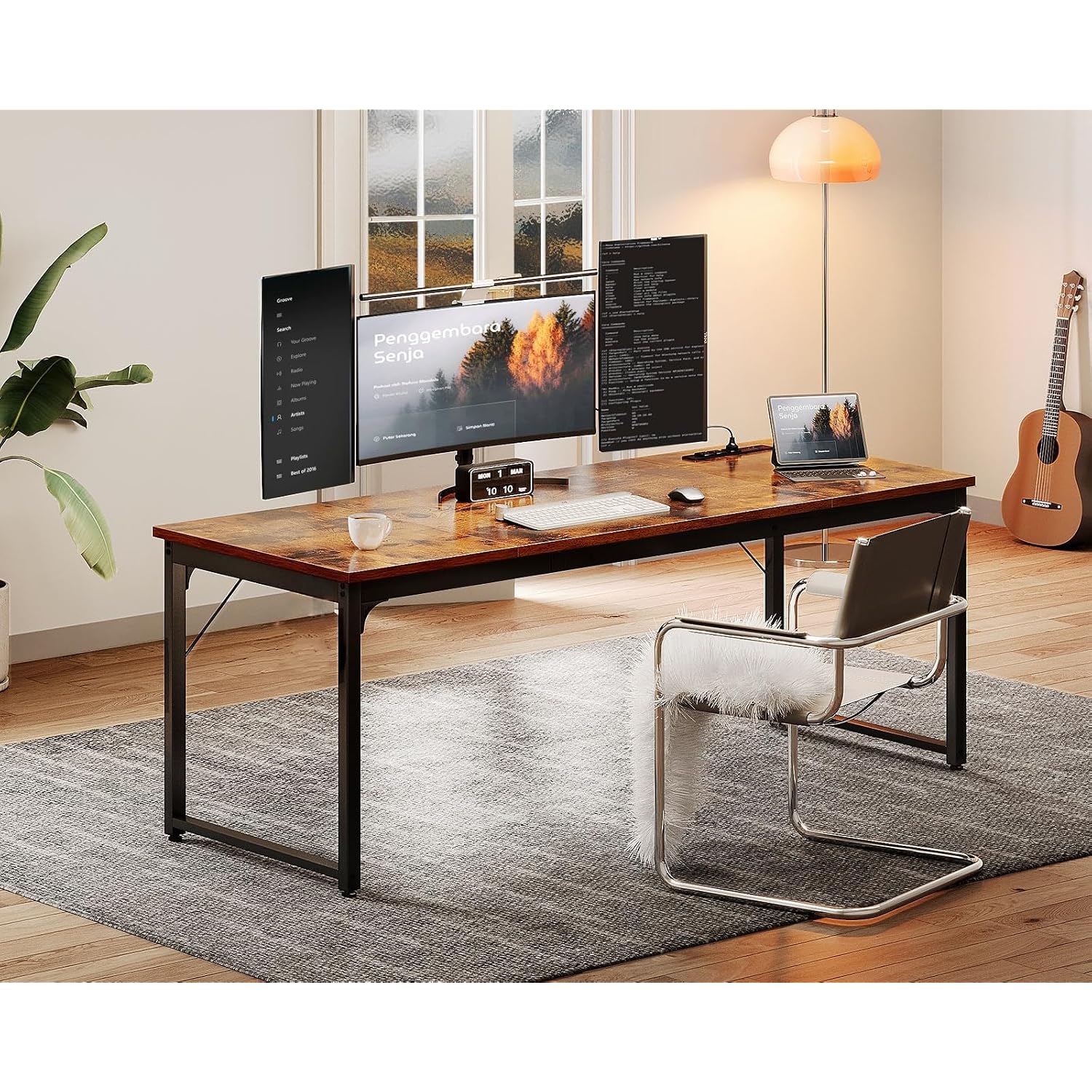 Coleshome 71 Inch Computer Desk With Usb Ports, Large Office Desk, Long Study Student Writing Desk, Rustic Brown