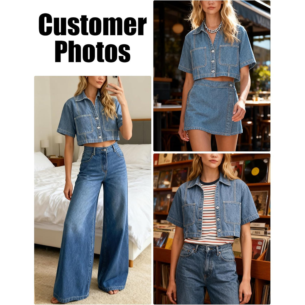 Women'S Denim Top, Short Sleeve Cropped Denim Jacket Button Down Casual Jean Jacket Shirt With Pocket