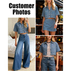 Women'S Denim Top, Short Sleeve Cropped Denim Jacket Button Down Casual Jean Jacket Shirt With Pocket