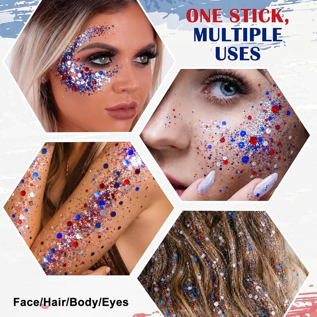 Red White Blue Glitter Stick - Hexagonal Patriotic Body Face Glitter Gel Makeup For Women Kids - Hypoallergenic Alcohol Free Hair Glitter For 4Th Of July, 250Th Independence Day Outfits, Soccer Game