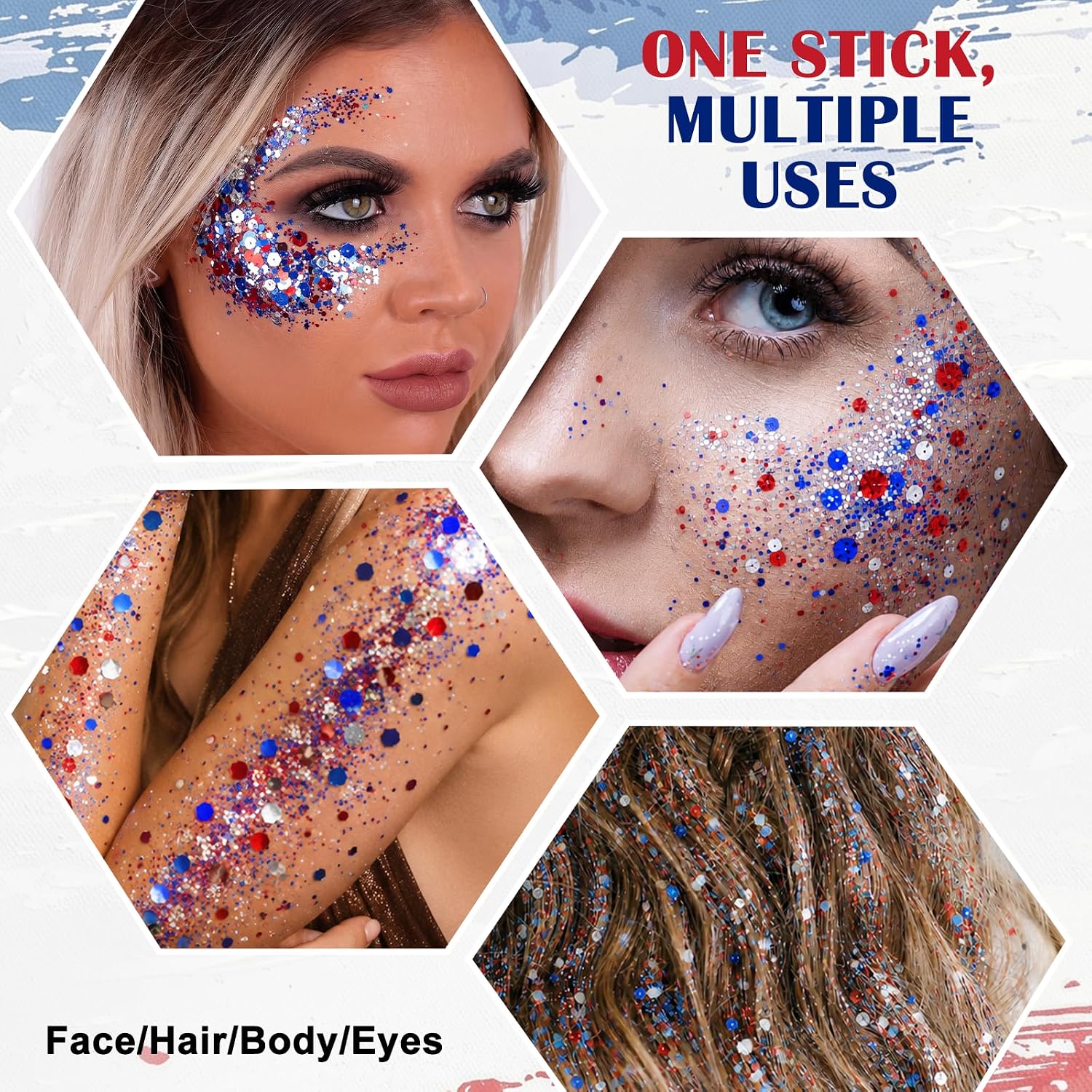 Red White Blue Glitter Stick - Hexagonal Patriotic Body Face Glitter Gel Makeup For Women Kids - Hypoallergenic Alcohol Free Hair Glitter For 4Th Of July, 250Th Independence Day Outfits, Soccer Game