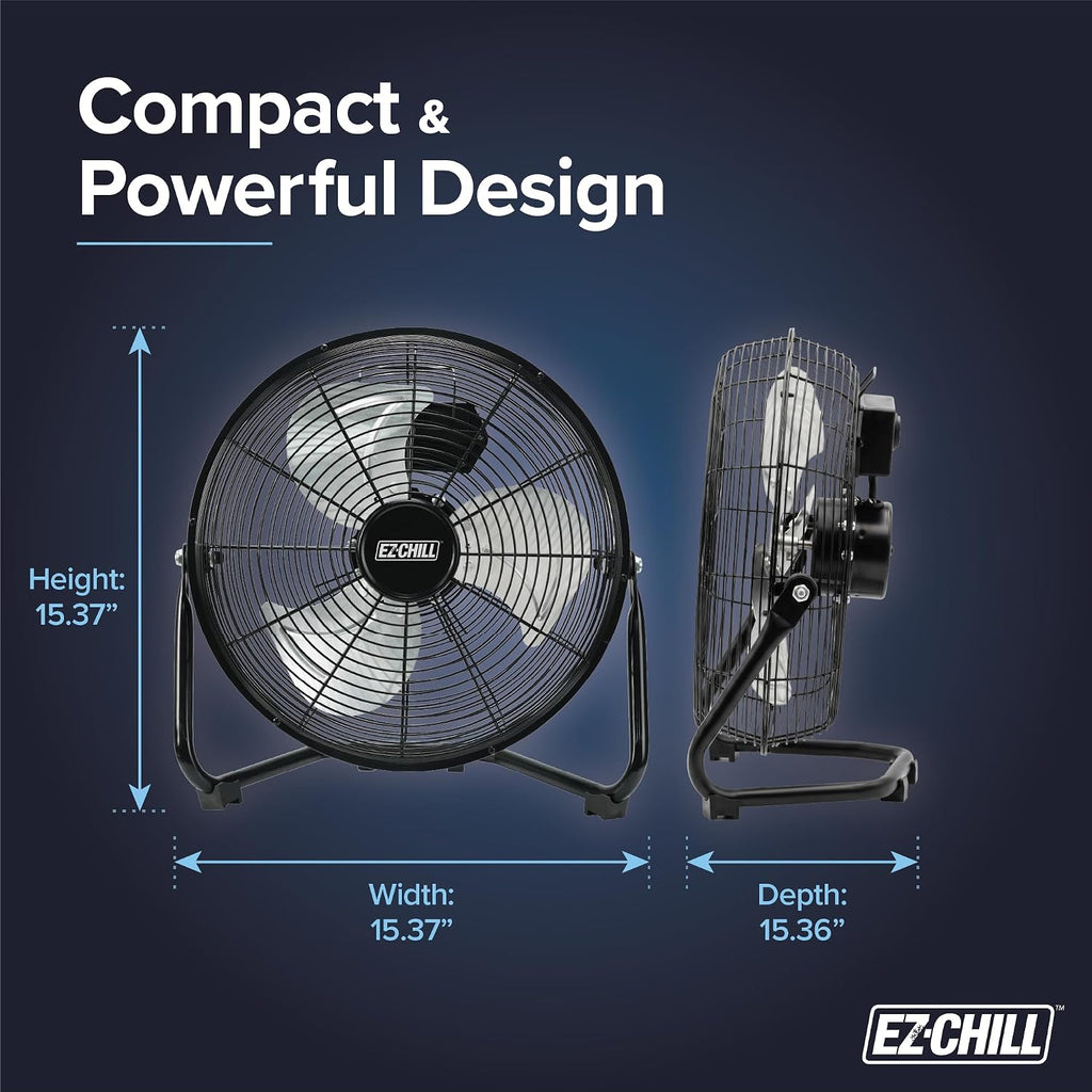 Ez-Chill 12” Cradle Floor Fan, 3 Speed, High Velocity, 180 Degree Adjustable Tilt, All-Metal, Carry Handle, Rubber Feet, Airflow 15.42 Ft/Sec, Ideal For Home, Bedroom & Office, Black