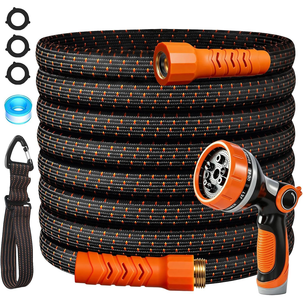 50Ft Flexible Garden Hose & 10Modes Nozzle,Lightweight Water Hose,Kink-Free,All-Weather Heavy Duty Hose For Rv,Boat,Car Wash,Garden,Yard,Camper,Outdoor (Orange-Black, 50 Feet)