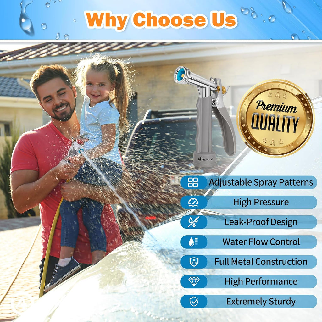 Automan Full Size Garden Hose Nozzle 2 Pack, High Pressure Pistol Grip Water Nozzle Sprayer With Threaded Front, Adjustable Spray Water Flow For Washing Car, Cleaning Ground, Watering Plants