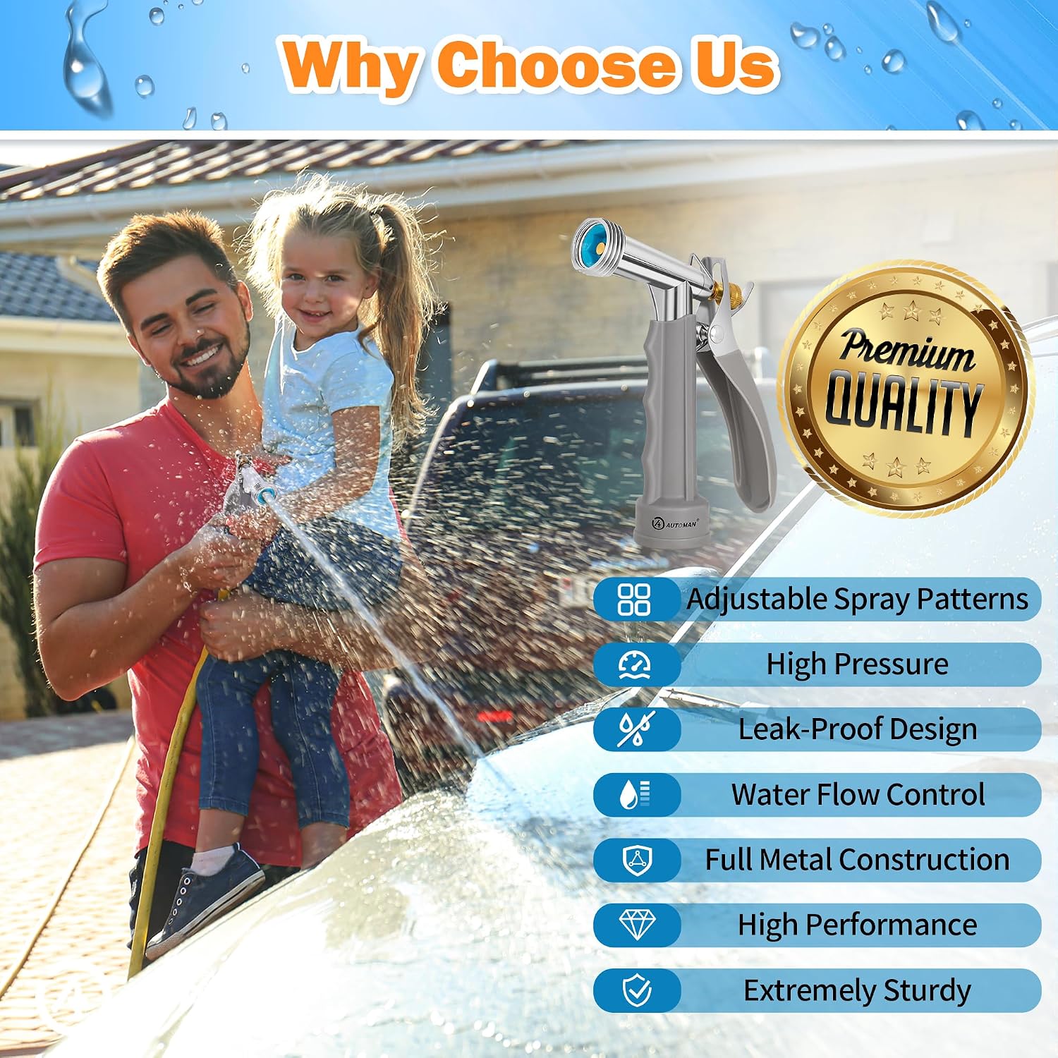 Automan Full Size Garden Hose Nozzle 2 Pack, High Pressure Pistol Grip Water Nozzle Sprayer With Threaded Front, Adjustable Spray Water Flow For Washing Car, Cleaning Ground, Watering Plants