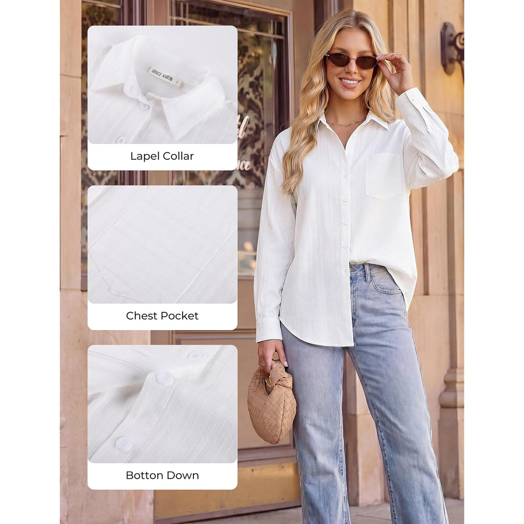 Grace Karin Women'S 2026 Cotton Button Down Blouses, Dressy Casual Long Sleeve Shirts, Trendy Summer Collared Work Tops