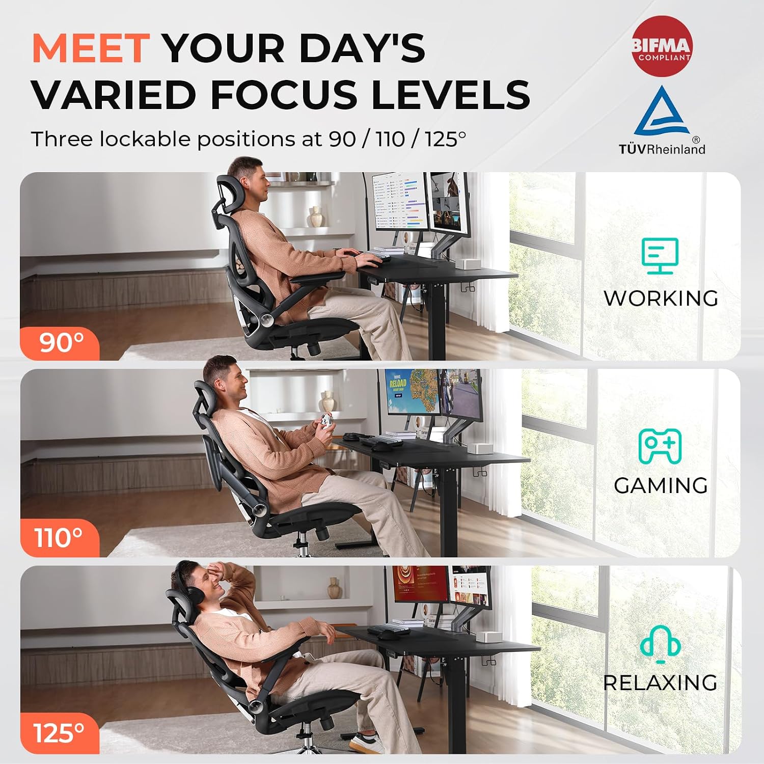 Ergonomic Mesh Office Chair, Adjustable Lumbar High Back Desk Chair 400Lbs, 4D Flip-Up Arms, 3-Level Tilt Backrest, 3D Headrest, Pu Wheels, Swivel Rolling Computer Seating For Long Desk Work
