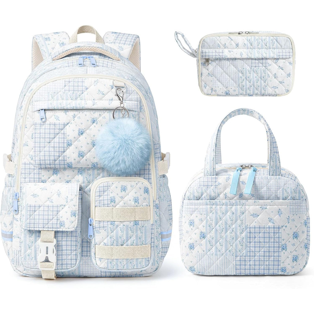 3Pcs Quilted Backpack Bundle, Floral Aesthetic Daily Carry Backpack With Insulated Thermal Tote & Multi-Use Storage Pouch, Matching Stylish Bag Set (Blue Floral Patchwork)