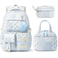3Pcs Quilted Backpack Bundle, Floral Aesthetic Daily Carry Backpack With Insulated Thermal Tote & Multi-Use Storage Pouch, Matching Stylish Bag Set (Blue Floral Patchwork)