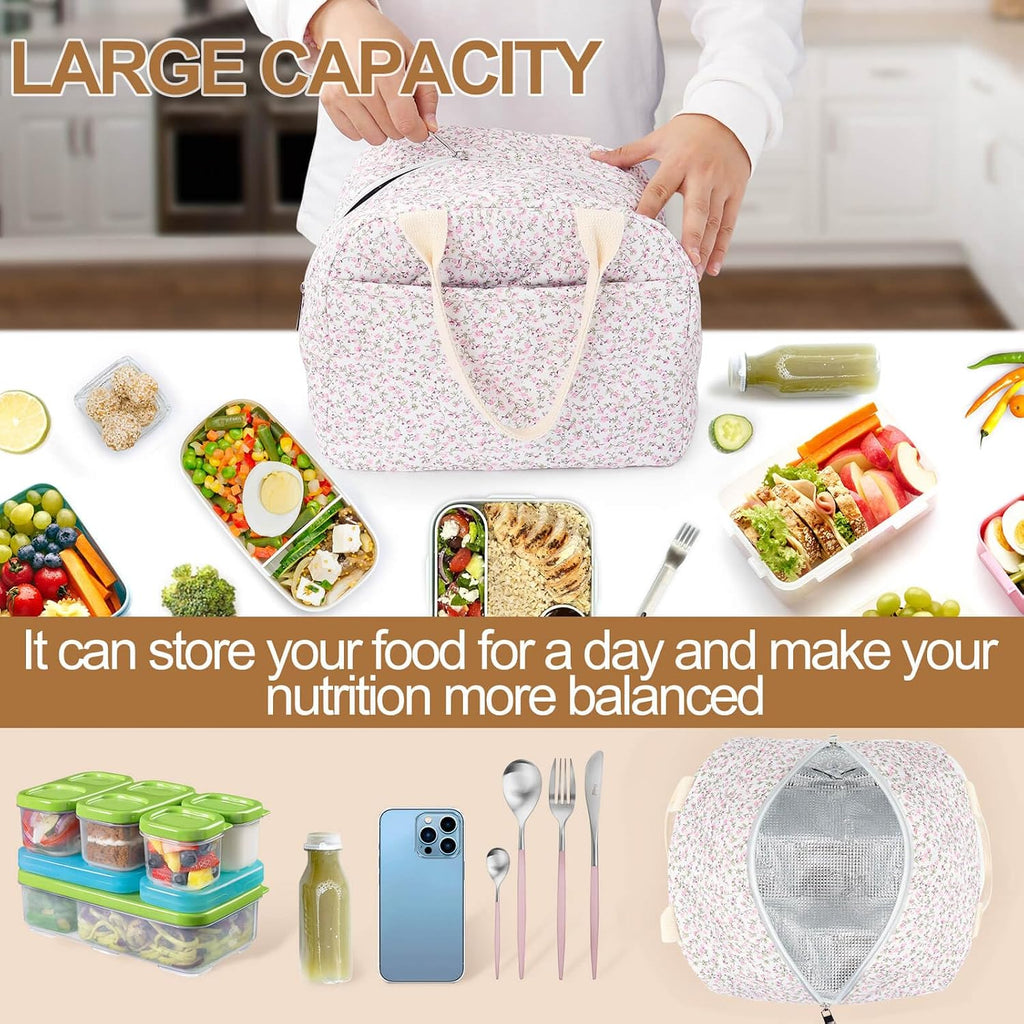 Dark Swan Cotton Quilted Insulated Lunch Bag, Cute Quilted Floral Tote Bags Reusable Lunch Box Coquette Aesthetic Large Capacity Insulated Cooler For Women Work Travel Picnic (Pink)