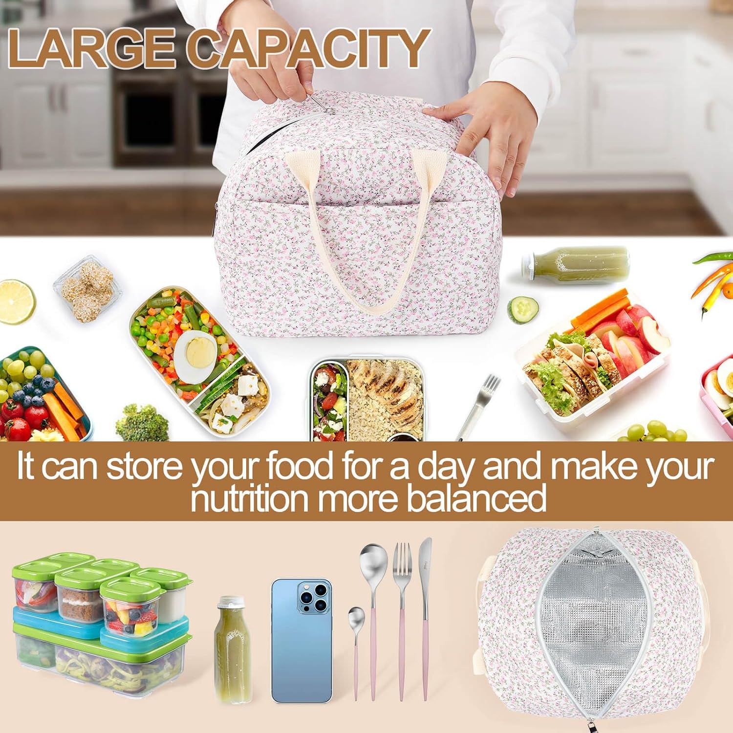 Dark Swan Cotton Quilted Insulated Lunch Bag, Cute Quilted Floral Tote Bags Reusable Lunch Box Coquette Aesthetic Large Capacity Insulated Cooler For Women Work Travel Picnic (Pink)