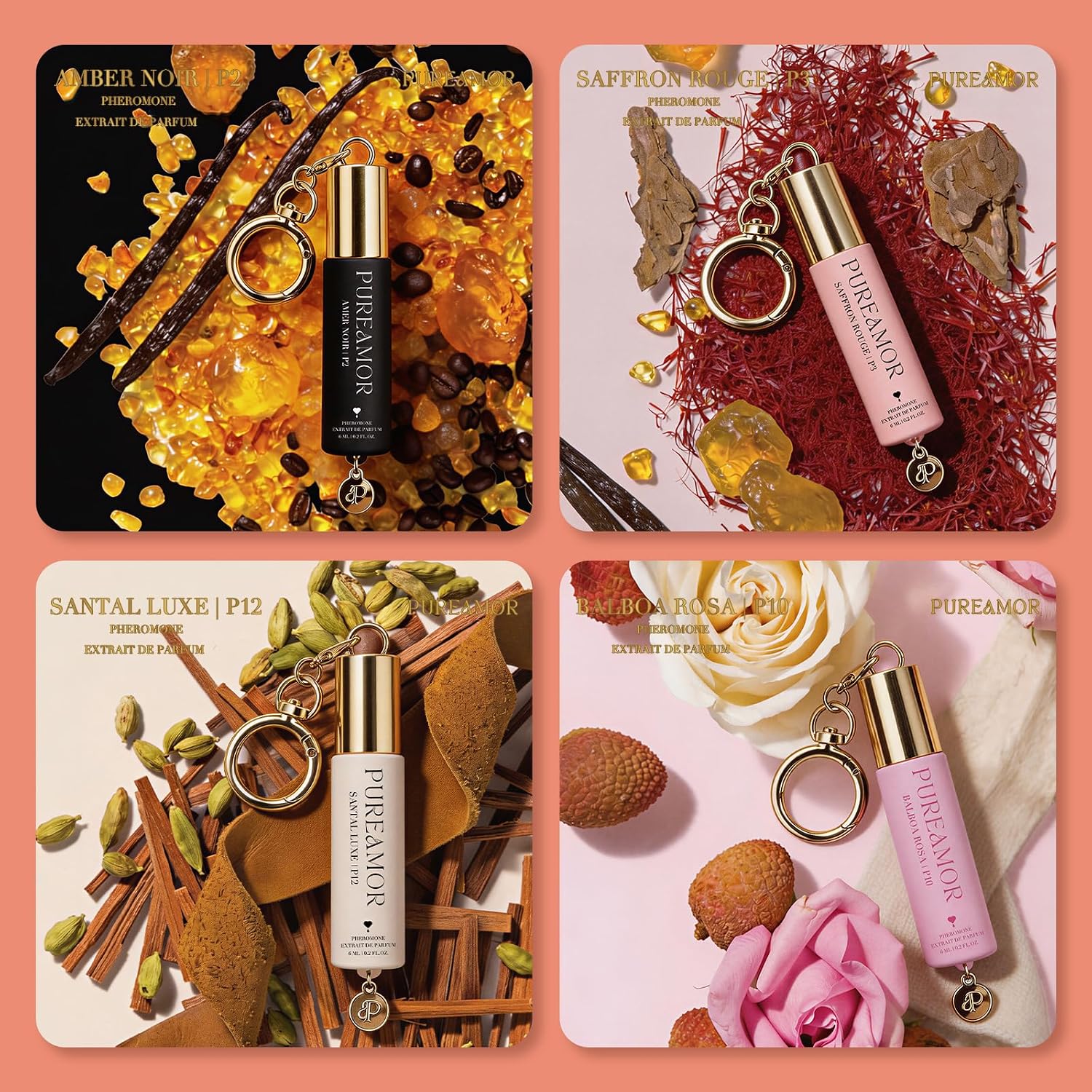 Pheromone Perfume For Women, Woody & Floral 4-Piece Keychain Set – Amber Noir, Saffron Rouge, Balboa Rosa & Santal Luxe, 30% High Conc, Long Lasting Roll-On, 0.2 Oz / 6 Ml Each