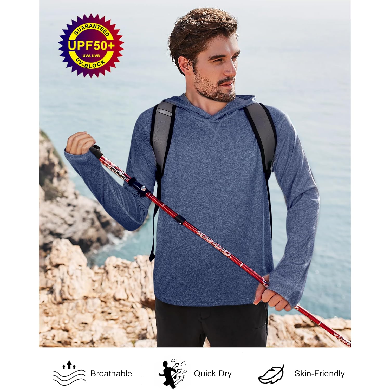 Roadbox Mens Upf 50+ Fishing Shirts, Long Sleeve Uv Sun Hoodie, Hiking Running Swim Athletic Workout Shirt