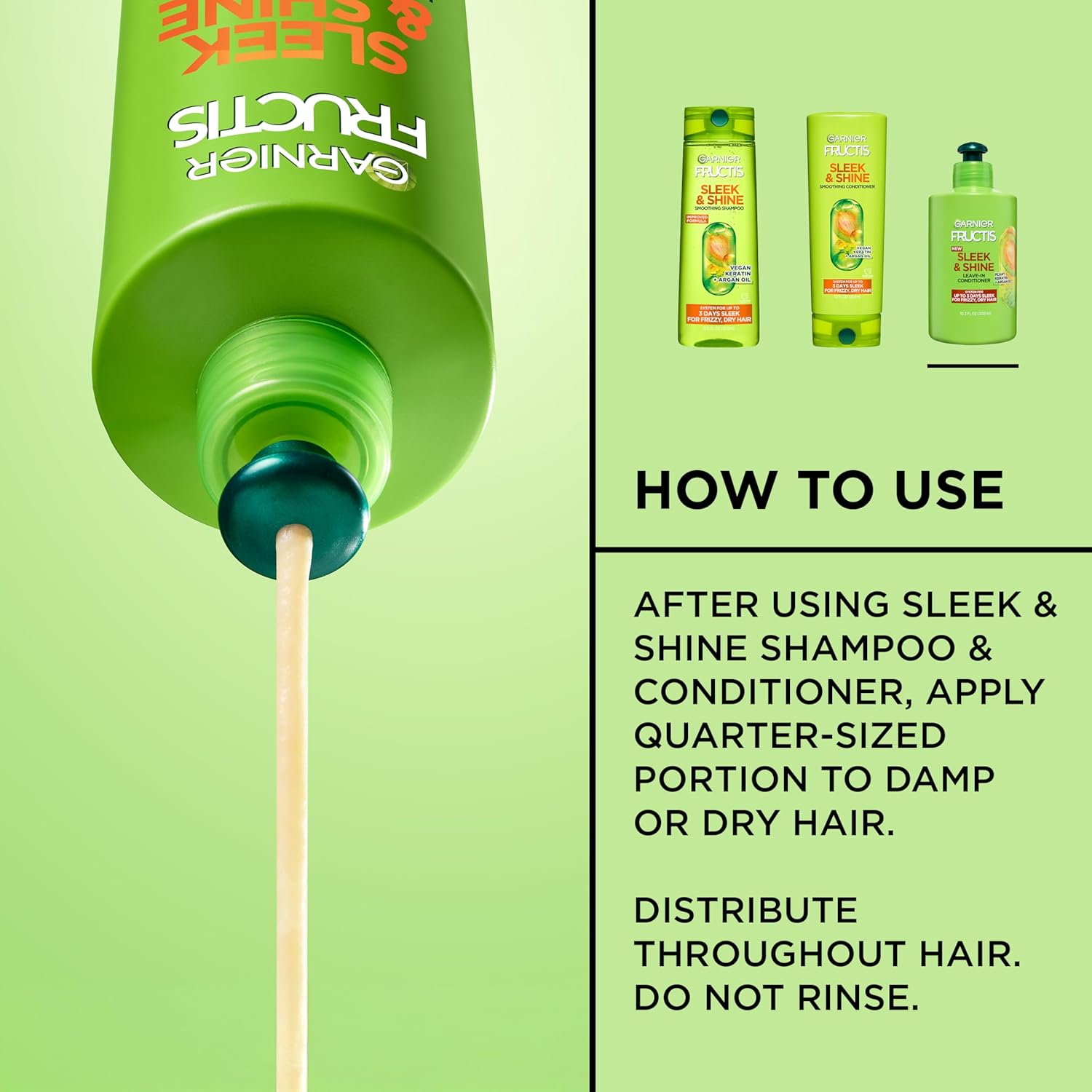Garnier Fructis Sleek and Shine Intense Smooth Leave In Conditioner, Conditioning Hair Cream for Frizzy, Dry Hair, Plant Keratin + Argan Oil, 10.2 Fl Oz (Pack of 2)