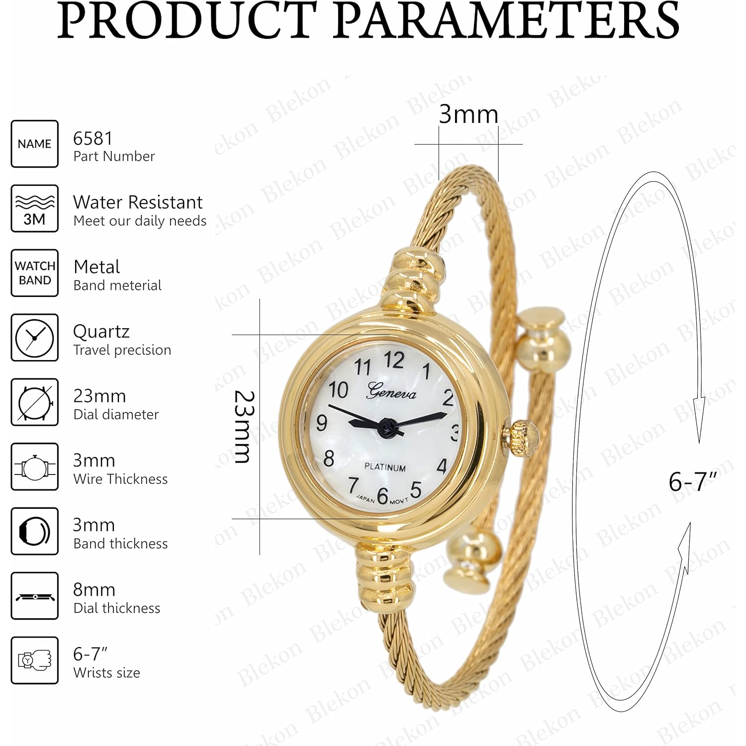 Collections Women's Cuff Watch - Round Analog Display Arabic Numbers 23mm Case Wire Bracelet Watch for Women Elegant Cable Cuff Bangle Wrist Watch