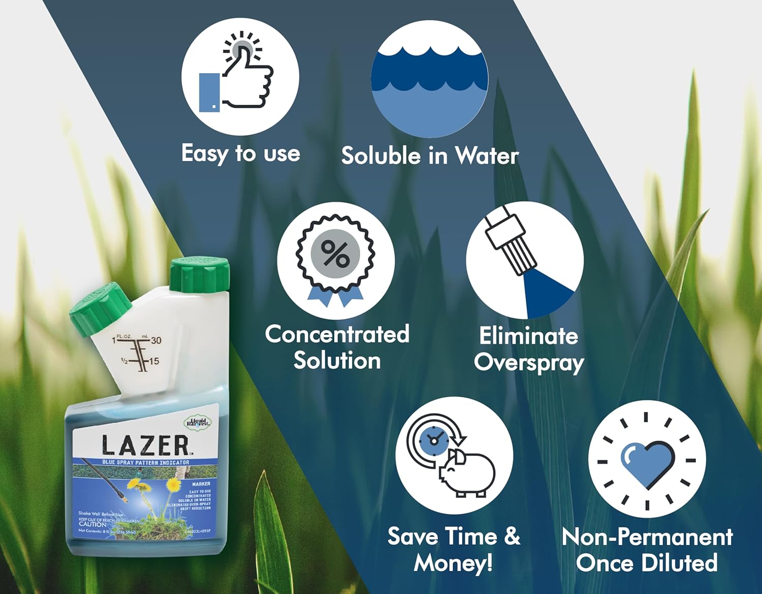 Liquid Harvest Lazer Blue Concentrated Spray Pattern Indicator 8 Ounces Perfect Weed Dye, Herbicide Fertilizer Marking Turf Mark And Marker