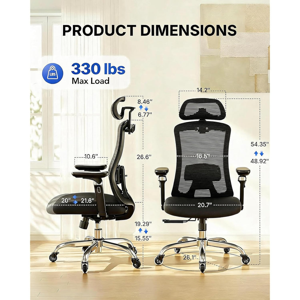 Huanuo Flowlift™ Ergonomic Office Chair With 6D Armrest, Seat Depth Adjustment, Lumbar Support, Quiet Rubber Caster, High Back Mesh Desk Chair With 3D Headrest, Big And Tall Chair For Home Office
