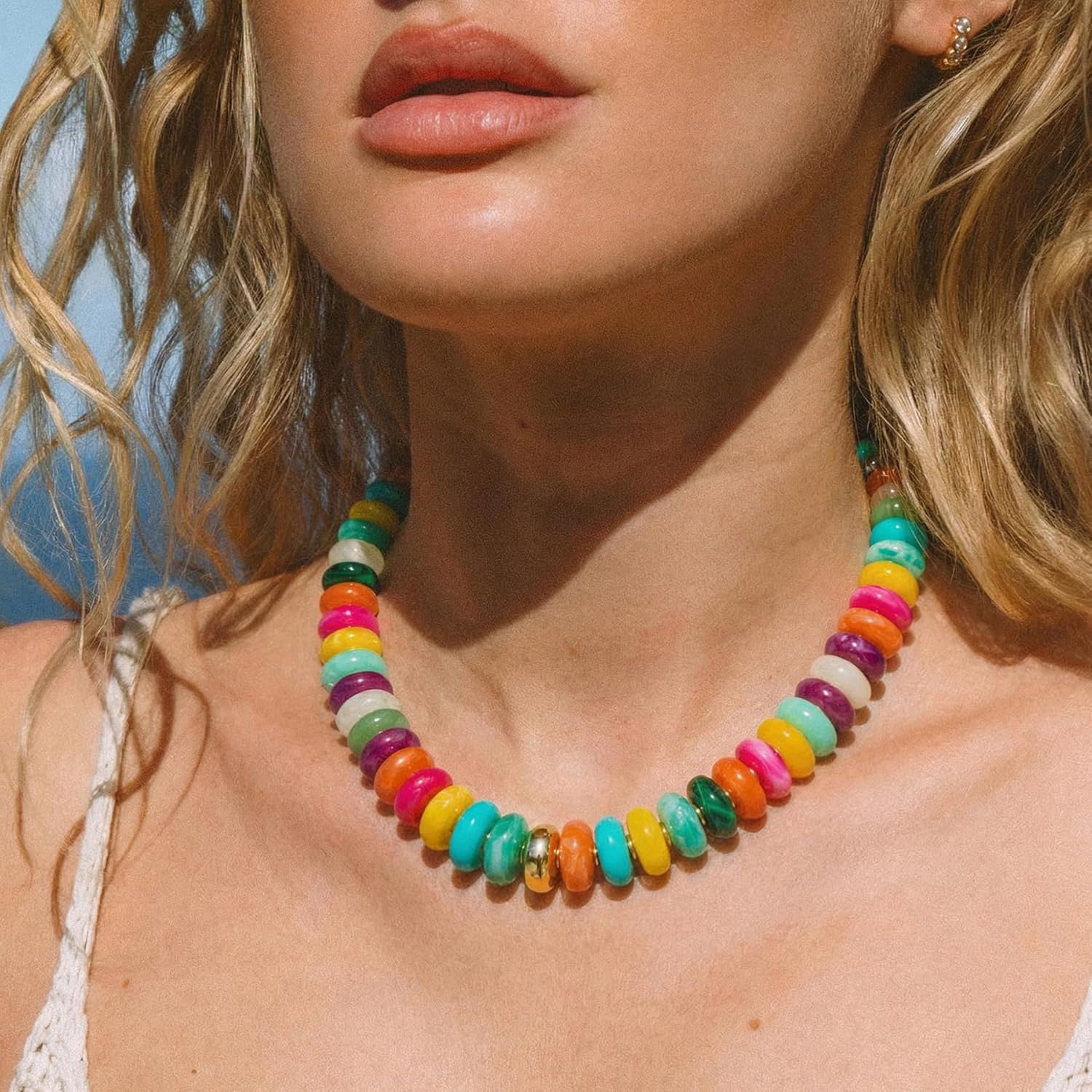 Chunky Colorful Beaded Choker Necklace for Women - Summer Beach Round Resin Beads Necklace, Trendy Statement Summer Beach Jewelry Birthday Gifts for Vacation Holiday