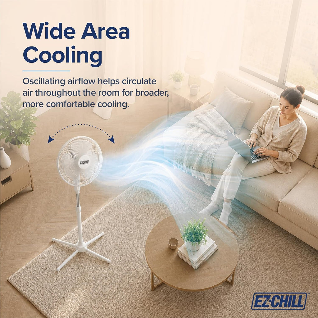 Ez-Chill 16” Oscillating Pedestal Fan, 3-Speed Options, 90-Degree Oscillating Head, Adjustable Height And Tilt, Powerful Air Flow, White, Mtsp15-16Az