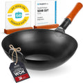 Yosukata 13.5" Carbon Steel Wok Pan – Pre-Seasoned Flat Bottom Pow Wok For Stir Fry, Bbq, Grill & Camping – Traditional Japanese Chinese Cookware – Compatible With Induction, Electric, Gas, Open Fire