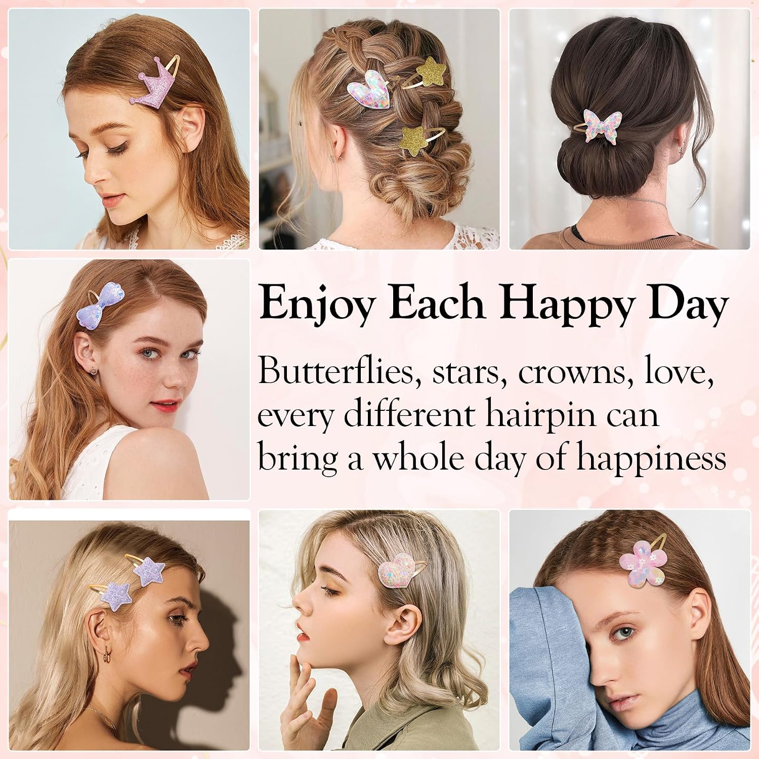 Gingbiss Hair Clips Set: 16 Sparkly Metal Snap Barrettes For Girls, Flower/Star/Crown/Heart/Butterfly Shaped Styling Accessories