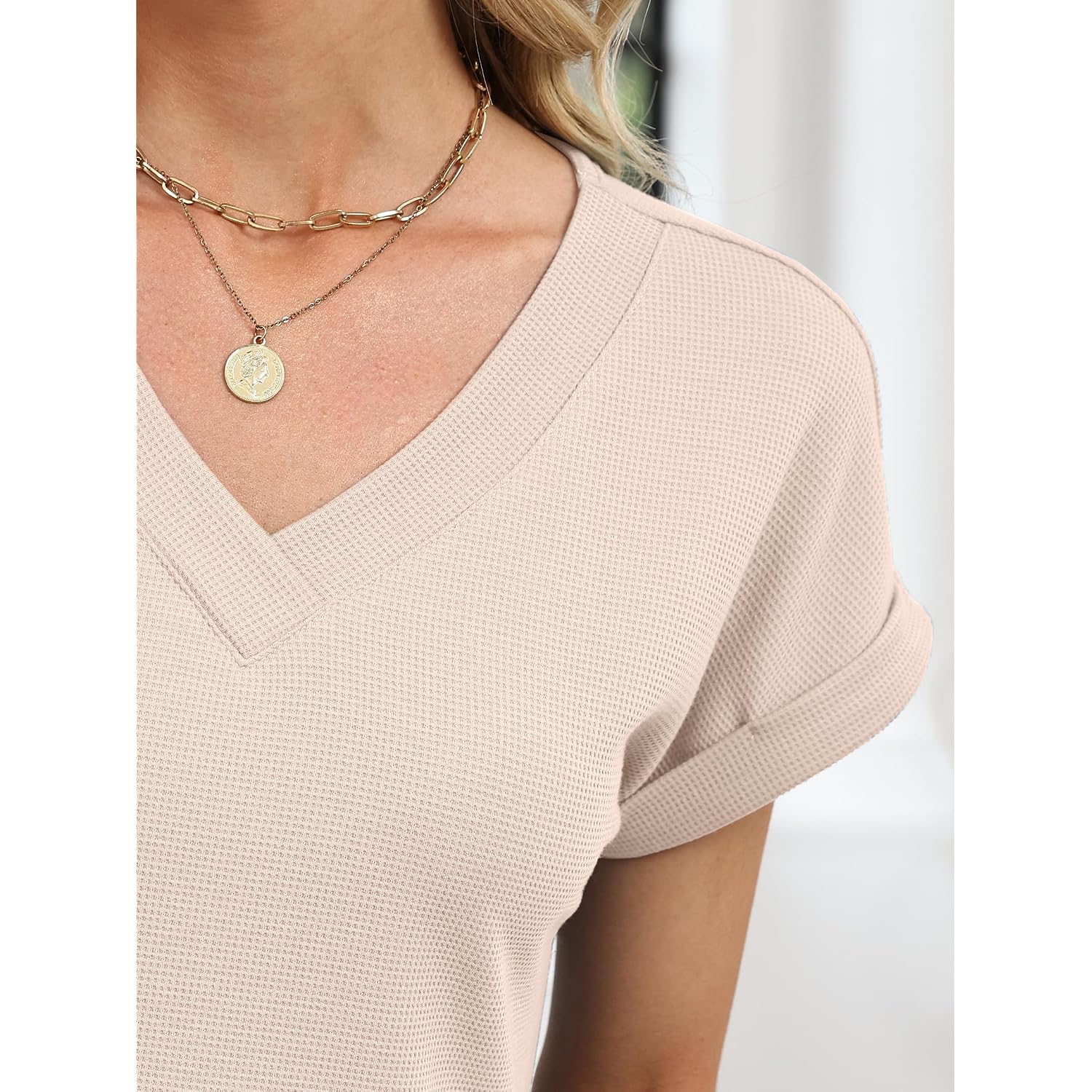 ANRABESS Womens Waffle Knit Tops 2026 Summer Casual Short Sleeve V Neck T Shirts Basic Work Tee Spring Vacation Blouses