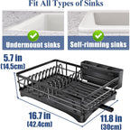 Sntd Dish Drying Rack For Kitchen Counter - Large Dish Rack With Drainboard, Rustproof Dish Drainer With Utensil Holder For Sink, Black
