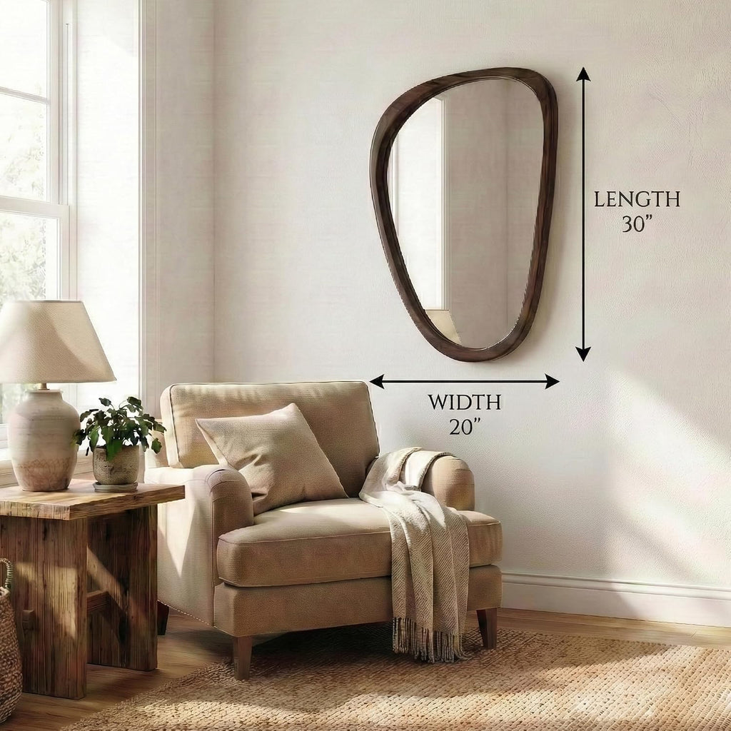Solid Wood 30"X20" Dark Walnut Organic Irregular Wall Mirror Decor | Rich Grain And Asymmetrical Shape Add Mcm Warmth To Entryways, Hallway Walls, Powder Rooms, Console Tables, Small Spaces