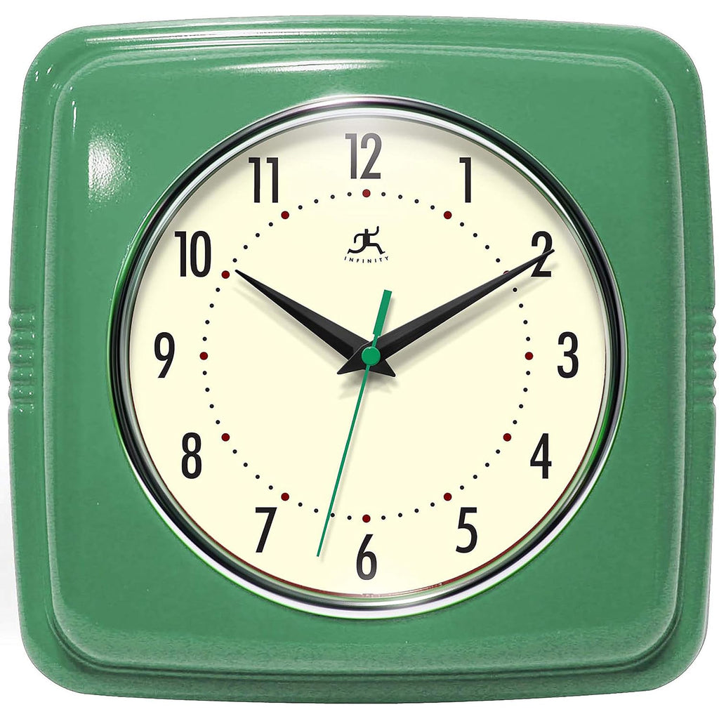 Infinity Instruments Square Silent Retro 9 Inch Mid Century Modern Kitchen Diner Retro Wall Clock Quartz Sweep Movement (Green)