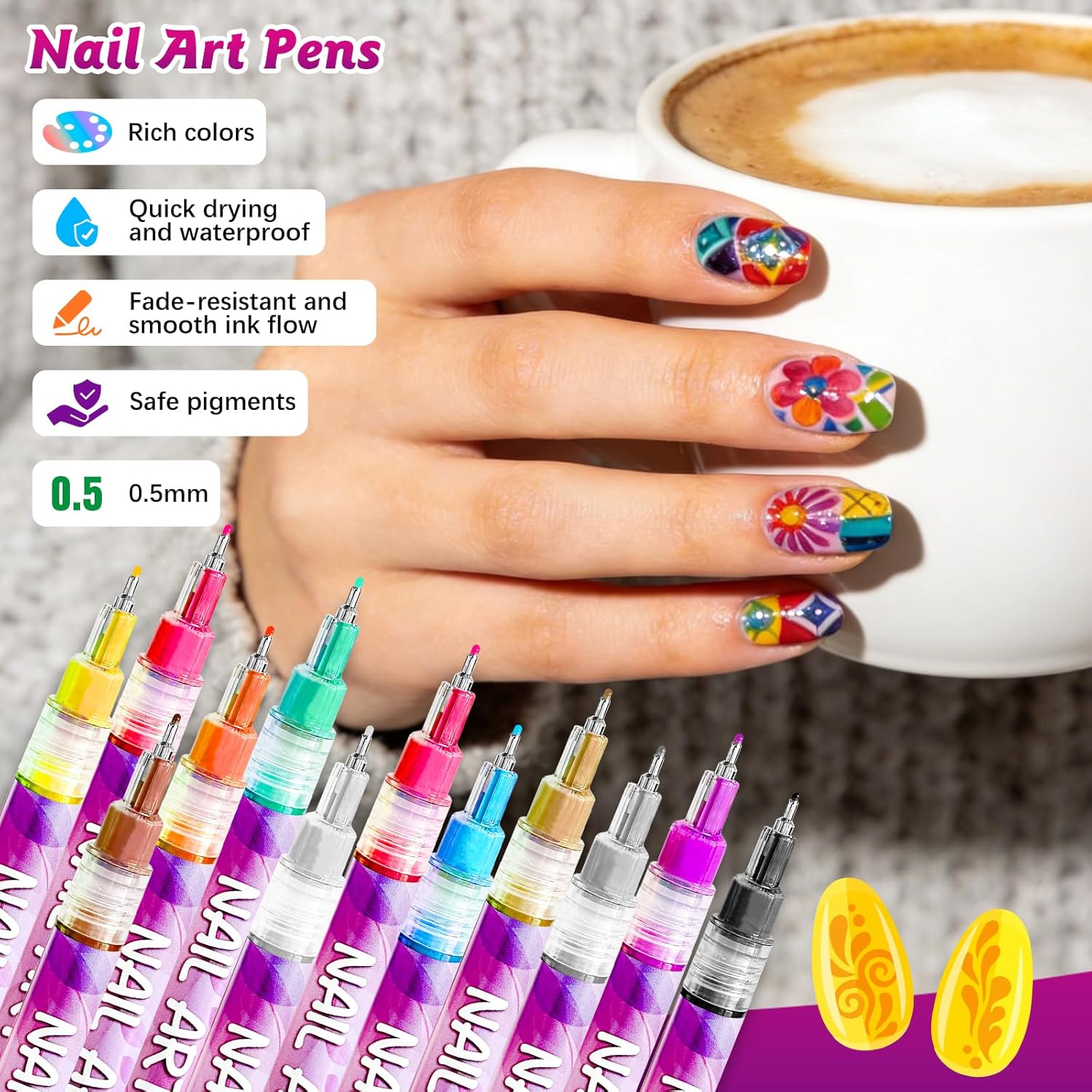 Nail Art Pens, 12 Color 0.5 MM Nail Polish Pens Set Drawing Point Painting Liner Painted Pen Kit, Quick Dry Nail for DIY Nails Art Design Manicure Tools
