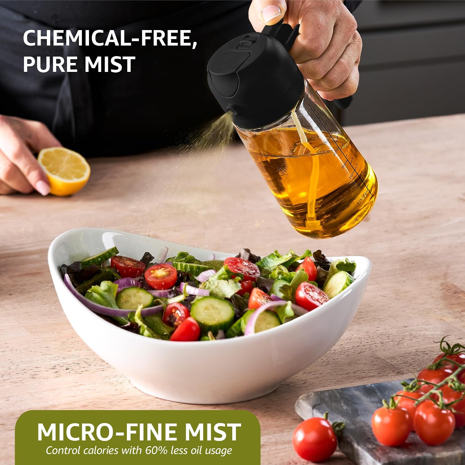 Finedine 16Oz Olive Oil Sprayer For Cooking, 2 In 1 Olive Oil Dispenser Bottle For Kitchen, Air Fryer, Salad, Bbq & Baking – Dual Spray Mist & Stream, With Measurement Marks, Black