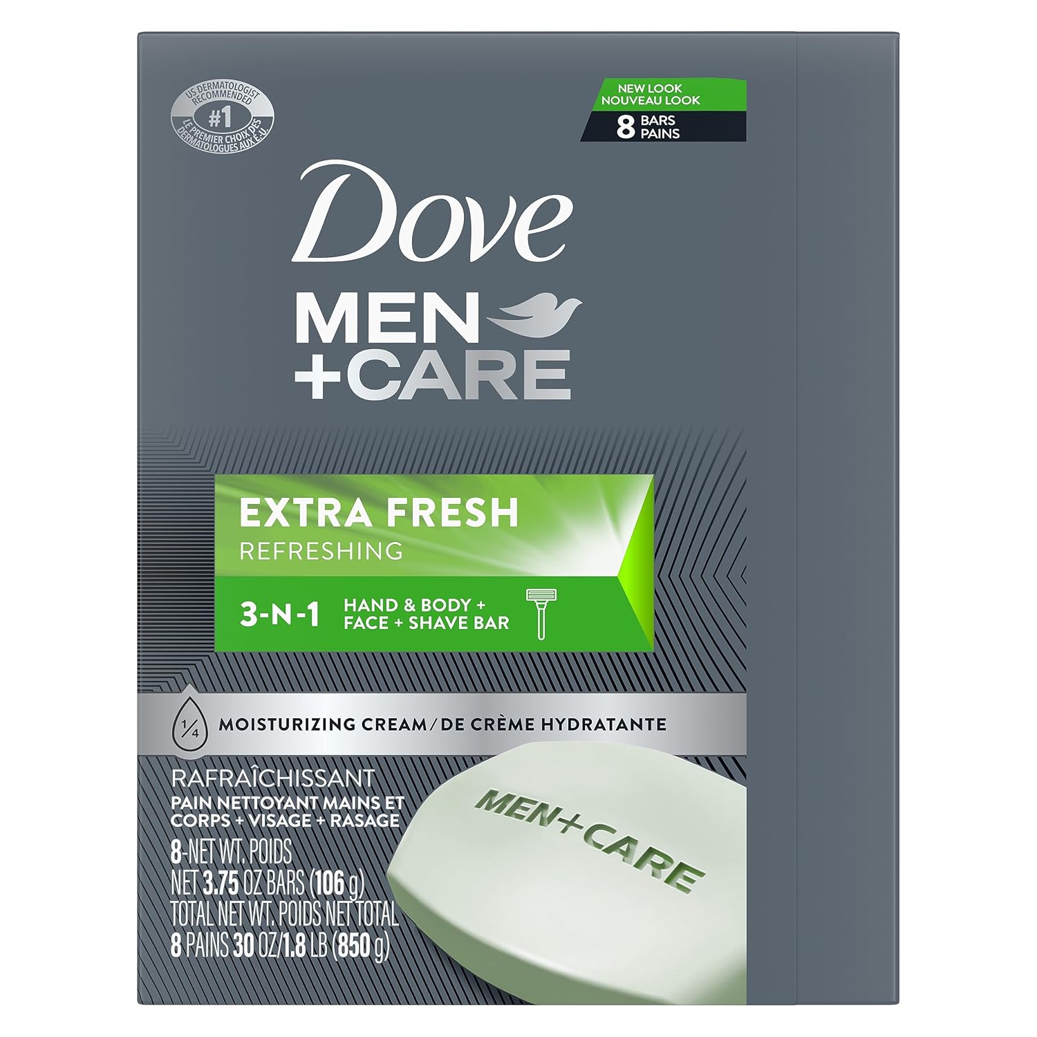 Dove Men + Care 3 In 1 Bar Cleanser For Body, Face, And Shaving Extra Fresh Body And Facial Cleanser More Moisturizing Than Bar Soap To Clean And Hydrate Skin 3.75 Ounce (Pack Of 8)