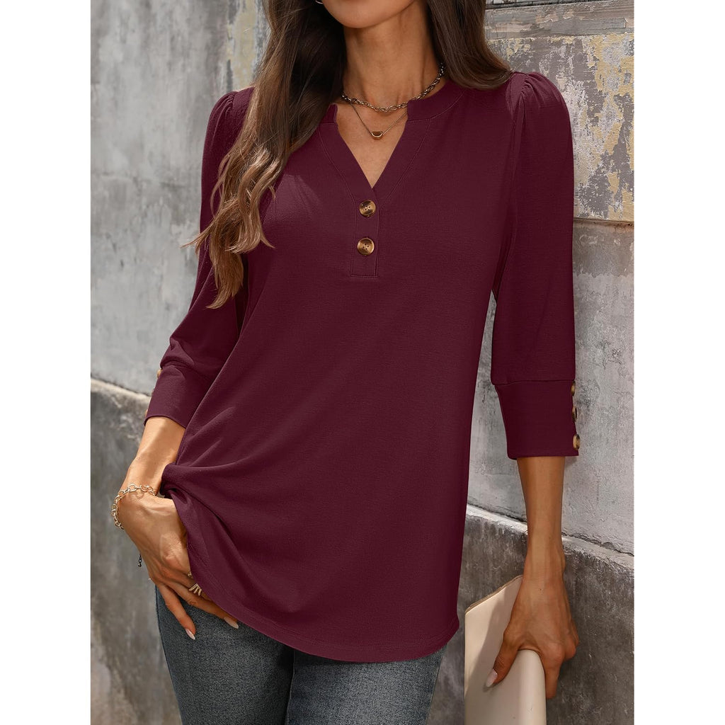 ANRABESS Womens Henley 3/4 Sleeve Tops, V Neck Comfy Fabric Shirts, Cozy for Work, Business, Trendy Versatile Casual Wear