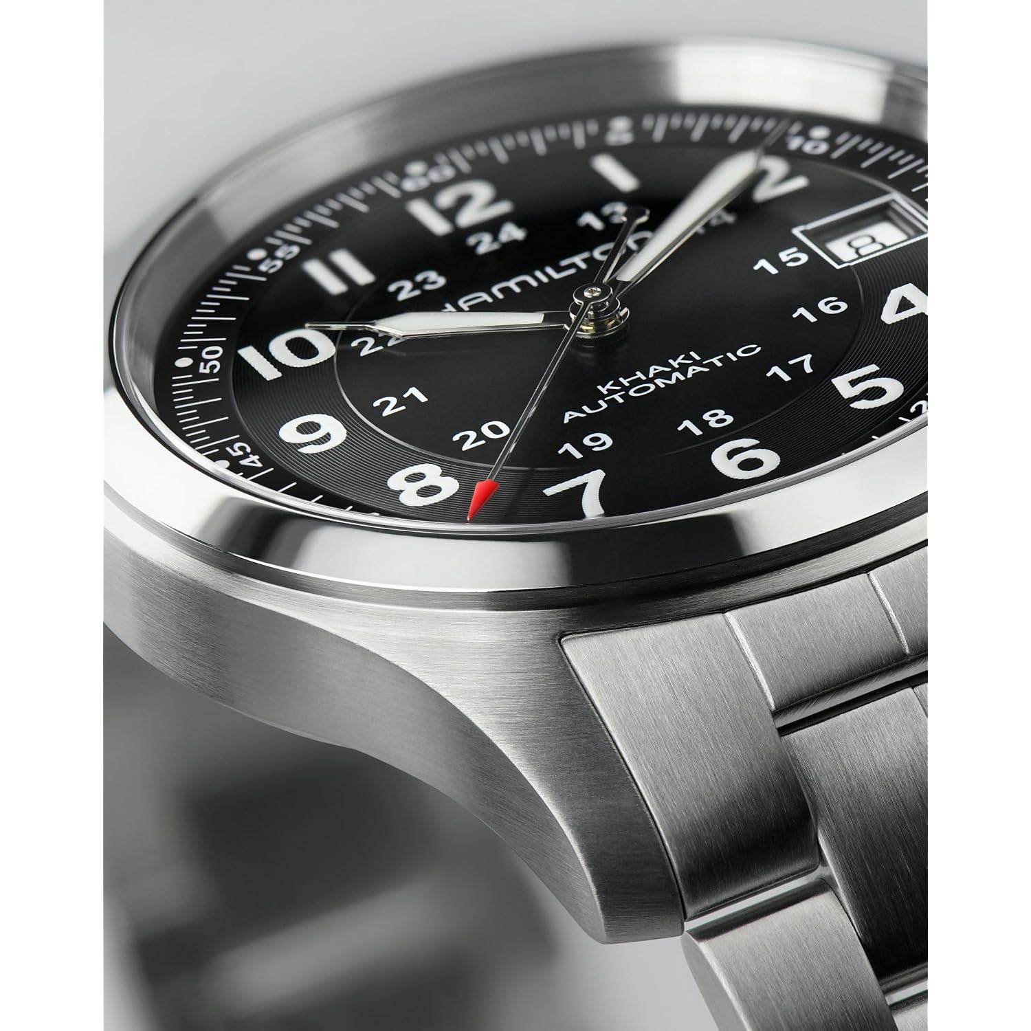 Hamilton Khaki Field Automatic Men'S Watch, 38Mm Stainless Steel Case, Swiss Made, Black Dial Analog Wrist Watch For Men, 100M Waterproof, Sapphire Crystal, 3-Hand Movement, Stainless Steel Strap