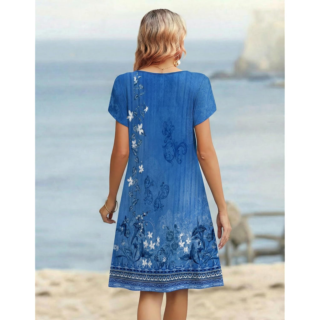 Zeagoo Women'S Casual Dresses With Pockets Summer Floral V-Neck A-Line Tshirt Dress Short Sleeve Mini Dress Beach Sundress