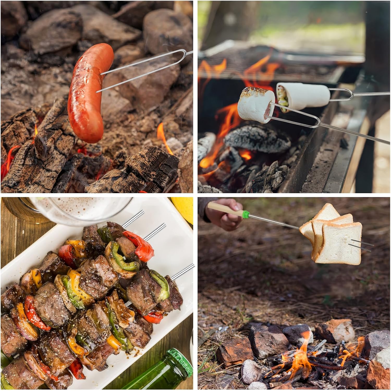 10 Pack Smores Sticks, 32 Inch Marshmallow Roasting Sticks For Fire Pit, Extendable Roasting Skewers With Bag, Hot Dog Fork, Smores Kit For Campfire Camping Essentials