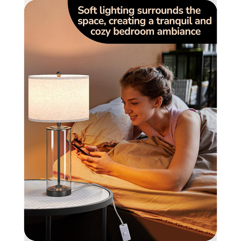 Edishine 23.6" Glass Table Lamp Set Of 2, Diy Refillable, Rotary Switch | Modern Bedside Lamp With Linen Lampshade, E26 Base, Nightstand Light For Living Room, Bedroom, Office