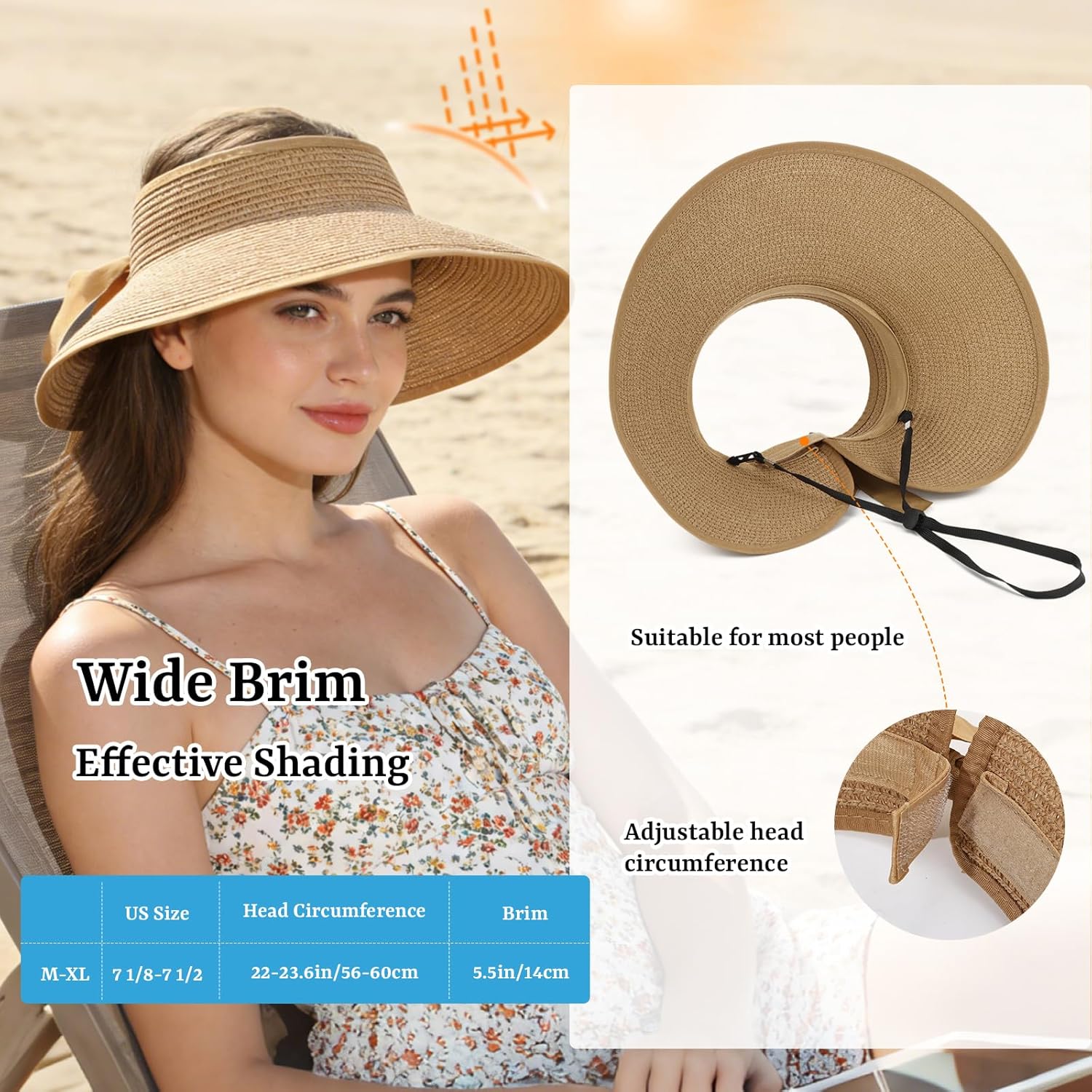 Oweisong Sun Visor Hat for Women Summer Straw Beach Hats Packable Wide Brim Hat with Ponytail Hole Beach Essentials