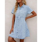 Grapent Denim Dress For Women Babydoll Tiered Short Sleeve Button Down Jean Shirt Dresses