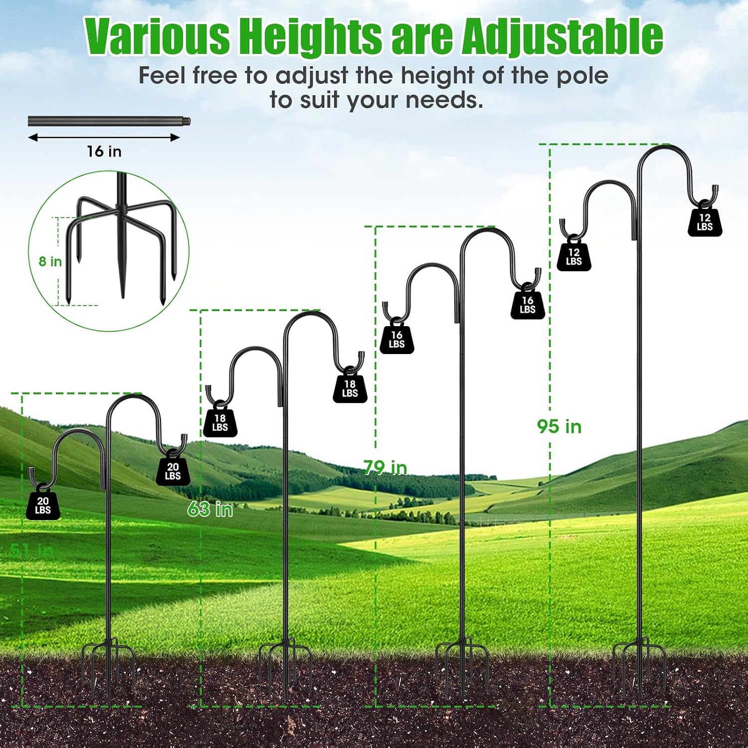 79 Inch Double Shepherds Hooks For Outdoor, Heavy Duty Bird Feeder Pole With 5 Prongs Base For Hanging Lantern, Hummingbird Feeder, Lightweight Plant, Shepherds Hook For Bird Feeders For Outside