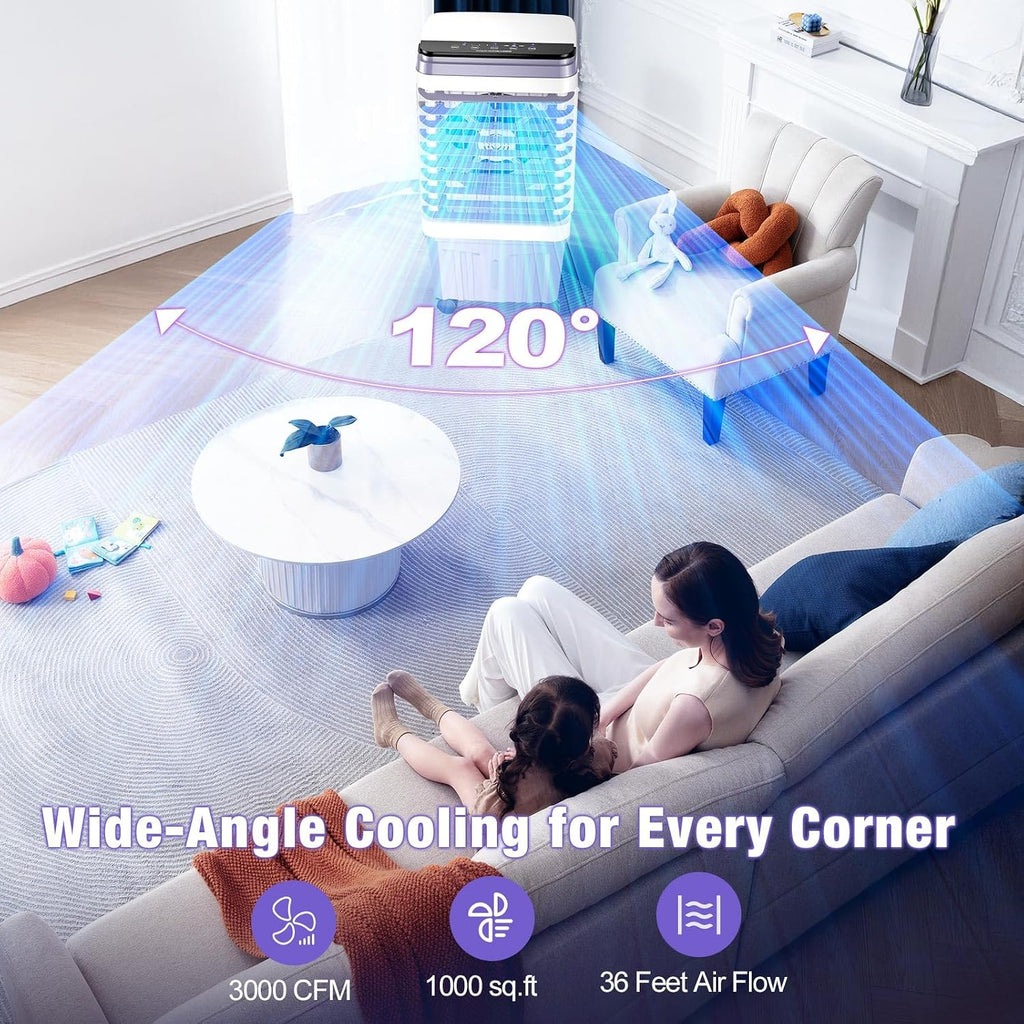 Portable Air Conditioners, 3000 Cfm Swamp Cooler, Evaporative Air Cooler With 6.87 Gal Water Tank, 3 Speeds & 4 Modes, 120° Oscillation, 15H Timer Air Cooler For Home, Kitchen, Bedroom