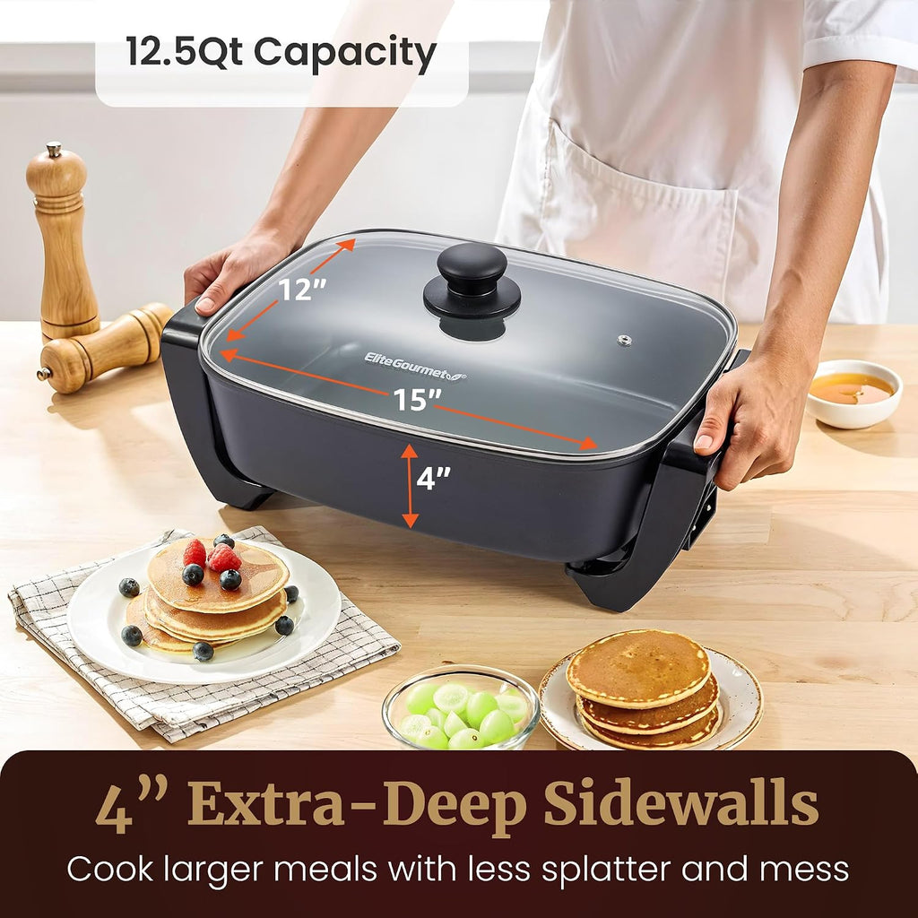 Elite Gourmet 15" X 12" X 4" Electric Skillet, Xtra Deep Dish, Ceralast™ Pfas Free Ceramic, 1500W Rapid Heat, Tempered Glass Vented Lid, Dishwasher Safe, 12.5 Qt., Black/Gray